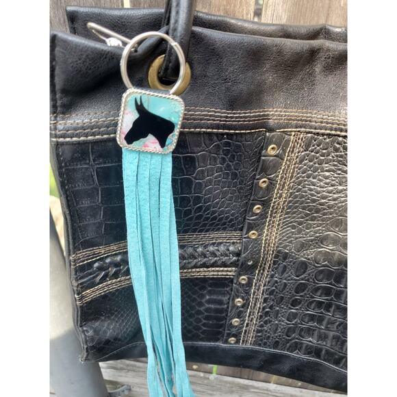 Handmade mule lover boho Leather Fringe Western bag charm, Long fringe keychain - Picture 3 of 4